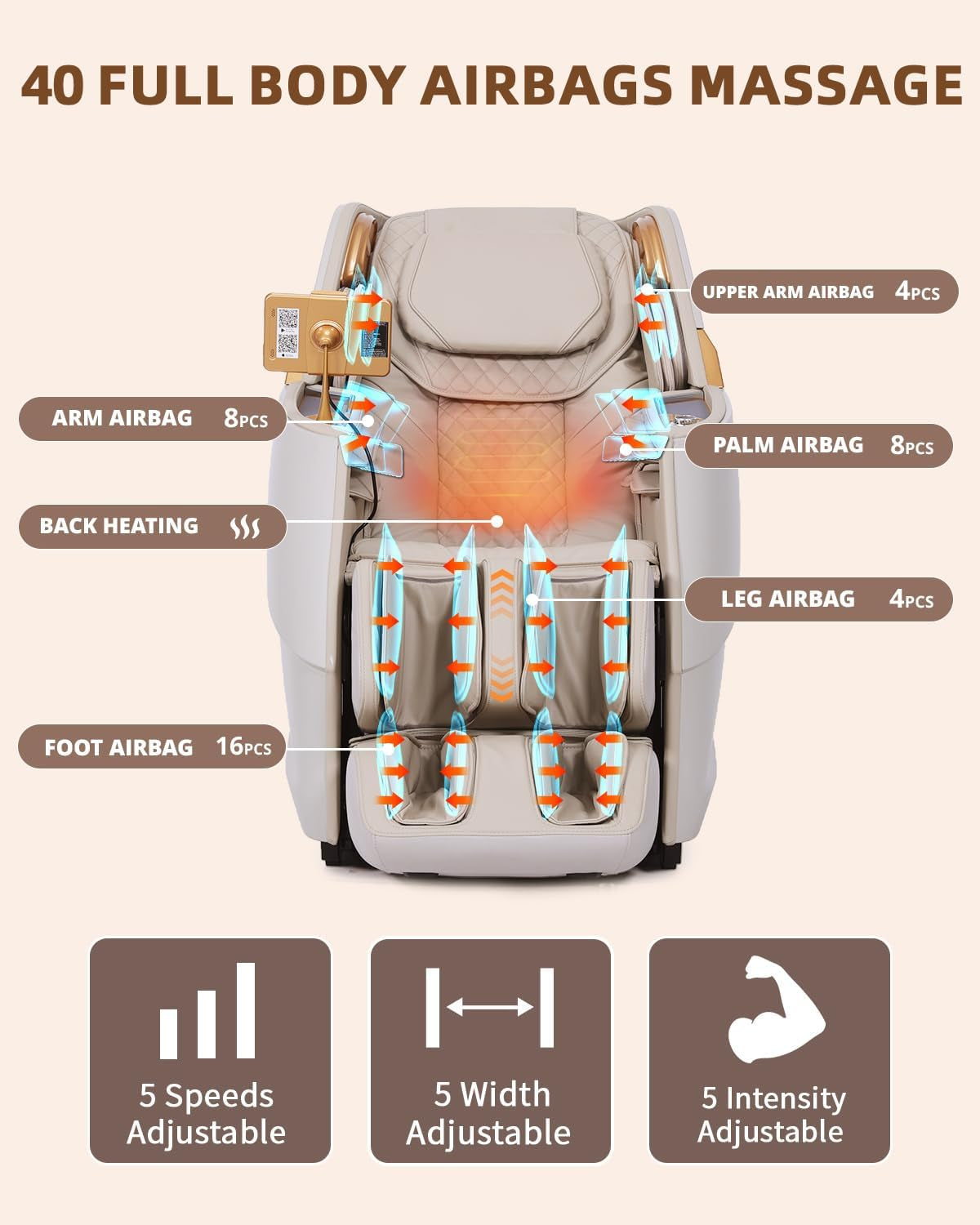 Massage Chair 4D Full Body Zero Gravity 55" Long Sl-Track,Beige | 20 Auto Modes,40 Airbags,Back Heat,Body Scan,Calf & Foot Roller,Hd Touchscreen,App Control,Bluetooth Speaker for Home Office