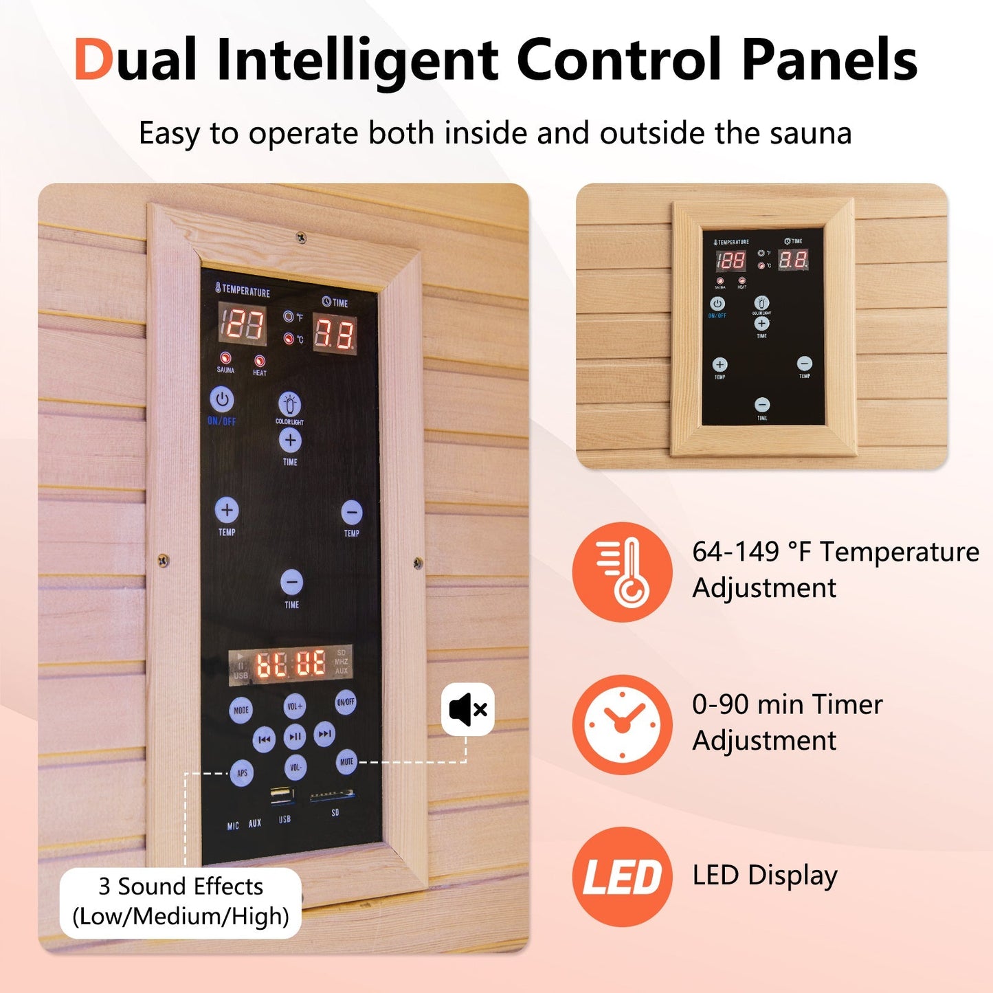 2-Person Far Infrared Wooden Sauna Room with Red Light Therapy Panel