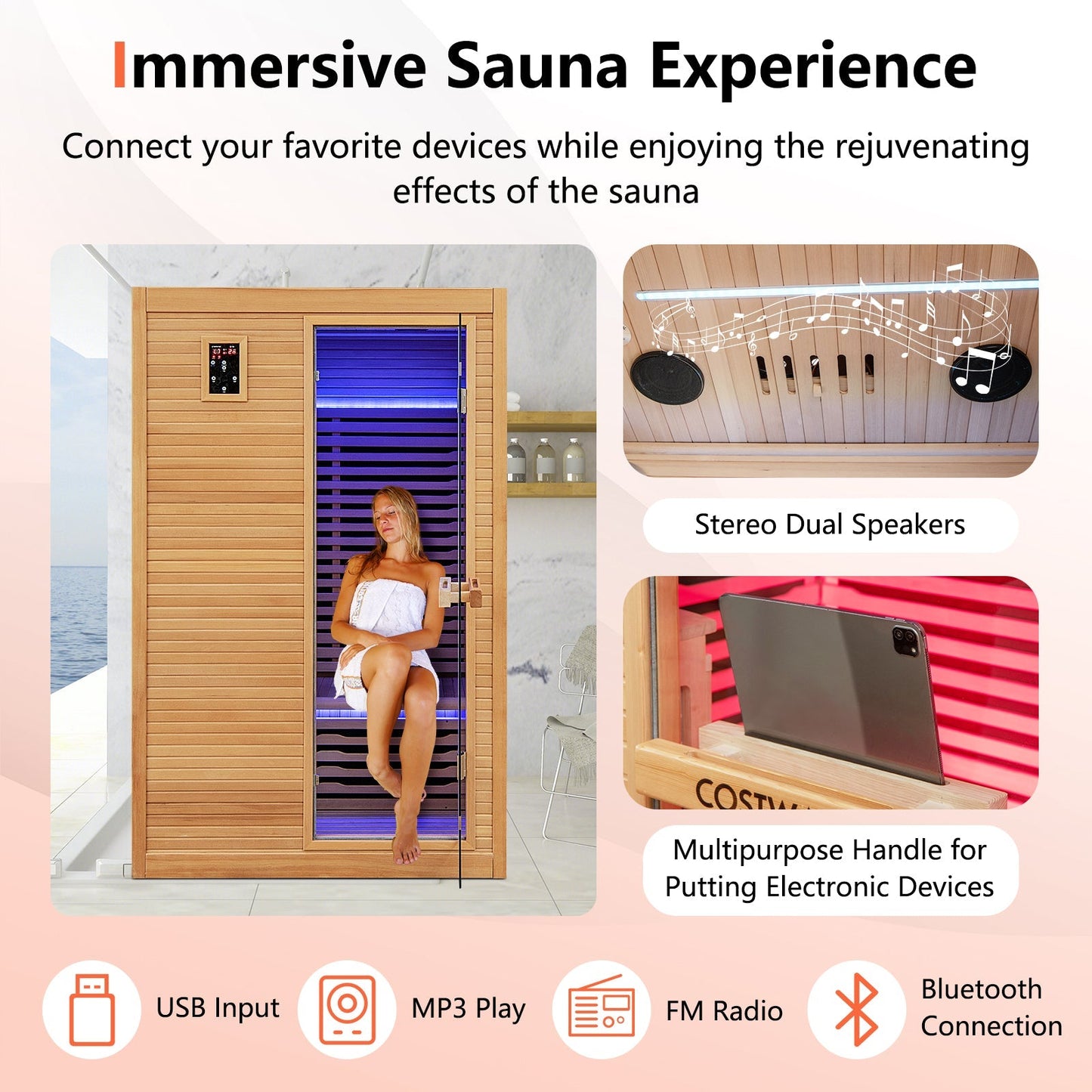 2-Person Far Infrared Wooden Sauna Room with Red Light Therapy Panel