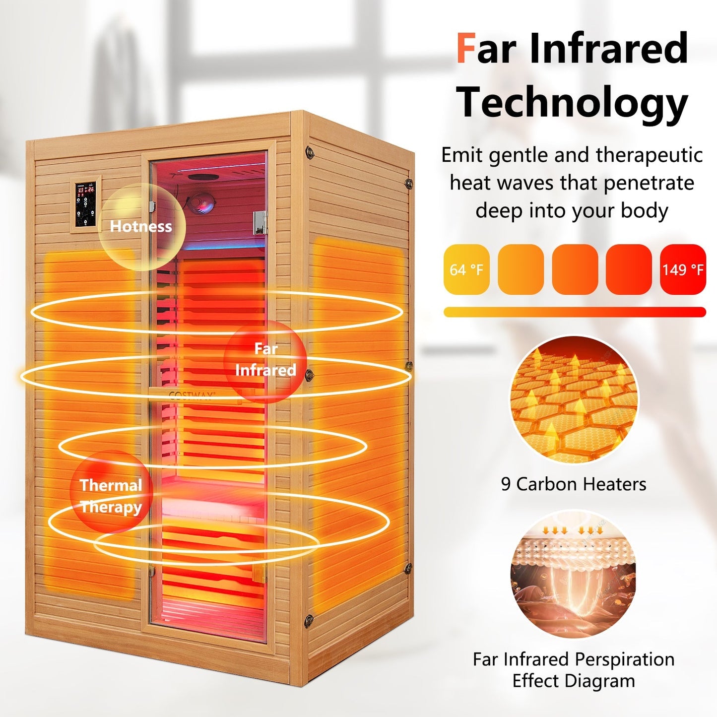 2-Person Far Infrared Wooden Sauna Room with Red Light Therapy Panel