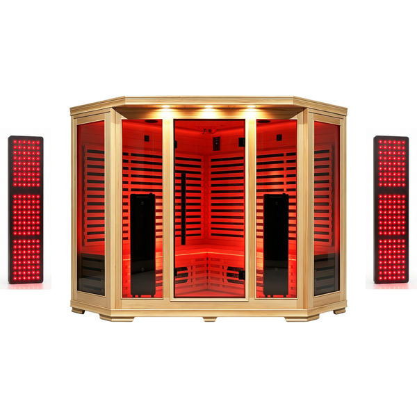 Blisspod I Vienna RED I All-In-One - Full Spectrum + Red Light Therapy I Indoor Corner Premium Sauna I 4-5 Person