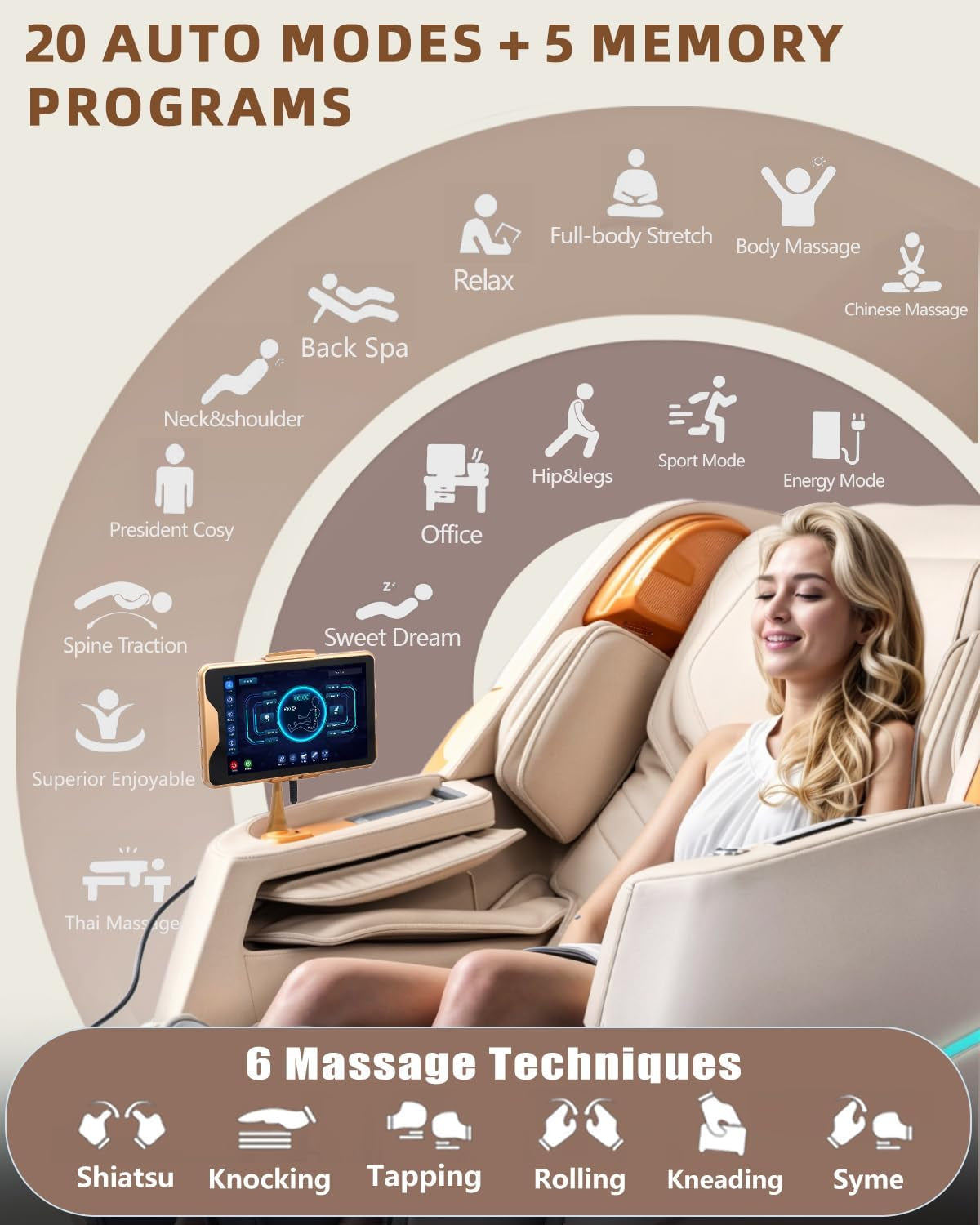 Massage Chair 4D Full Body Zero Gravity 55" Long Sl-Track,Beige | 20 Auto Modes,40 Airbags,Back Heat,Body Scan,Calf & Foot Roller,Hd Touchscreen,App Control,Bluetooth Speaker for Home Office