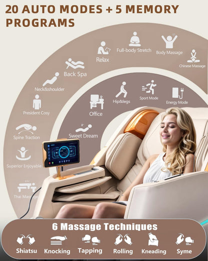 Massage Chair 4D Full Body Zero Gravity 55" Long Sl-Track,Beige | 20 Auto Modes,40 Airbags,Back Heat,Body Scan,Calf & Foot Roller,Hd Touchscreen,App Control,Bluetooth Speaker for Home Office