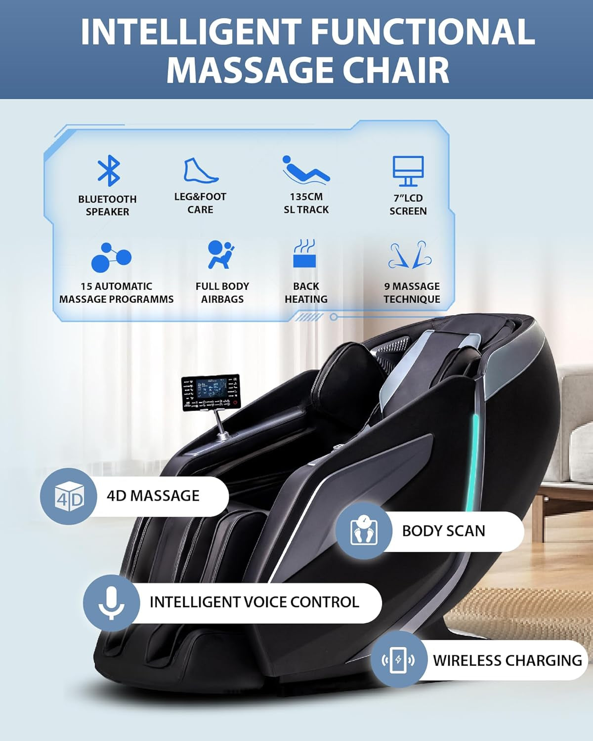 4D Massage Chair: Full Body Zero Gravity Massage Chair Full Body SL Track Chair Massage Black