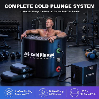 1/3 HP Ice Bath Chiller & 120 Gal Cold Plunge Tub Kit | Built-In Pump & Filter, 42°F Cooling, XL Insulated Ice Pod Pro with Step Stool, Cold Plunge Tub with Chiller for Cold Therapy