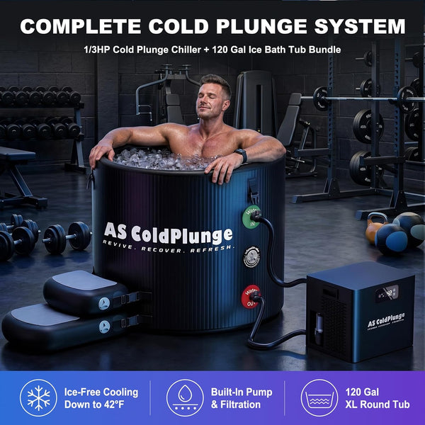 1/3 HP Ice Bath Chiller & 120 Gal Cold Plunge Tub Kit | Built-In Pump & Filter, 42°F Cooling, XL Insulated Ice Pod Pro with Step Stool, Cold Plunge Tub with Chiller for Cold Therapy