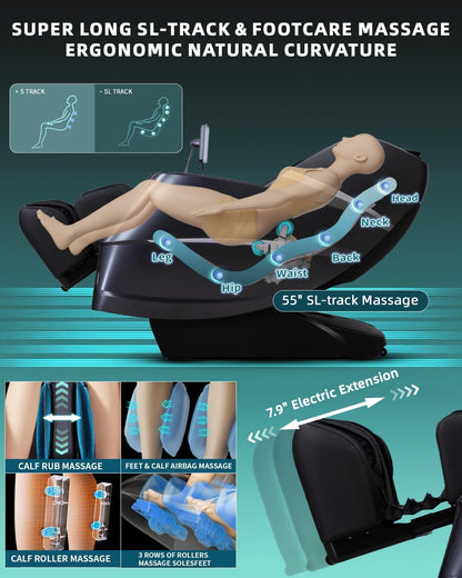 Massage Chair 4D Full Body Zero Gravity 55" Long Sl-Track,Black | 20 Auto Modes,40 Airbags,Back Heat,Body Scan,Calf & Foot Roller,Hd Touchscreen,App Control,Bluetooth Speaker for Home Office