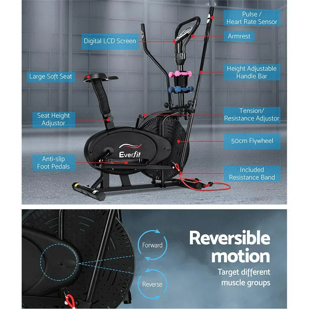 Everfit Elliptical Cross Trainer Exercise Bike with Hand Pulse Sensors, Dumbbells and Resistance Bands