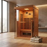 Full Spectrum Infrared Sauna，1-2 Person Home Sauna，Wooden Canadian Hemlock Indoor Spa Sauna with Resonance Speaker, Panoramic Tempered Glass Door — Studio Shot