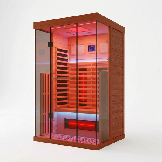 Full Spectrum Infrared Sauna，1-2 Person Home Sauna，Wooden Canadian Hemlock Indoor Spa Sauna with Resonance Speaker, Panoramic Tempered Glass Door — Studio Shot
