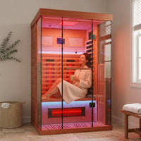 Full Spectrum Infrared Sauna，1-2 Person Home Sauna，Wooden Canadian Hemlock Indoor Spa Sauna with Resonance Speaker, Panoramic Tempered Glass Door — Lifestyle
