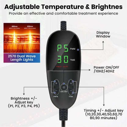 Electronic device with digital display and control buttons for adjustable temperature and brightness, featuring 2570 Dual Wave Length Lights.