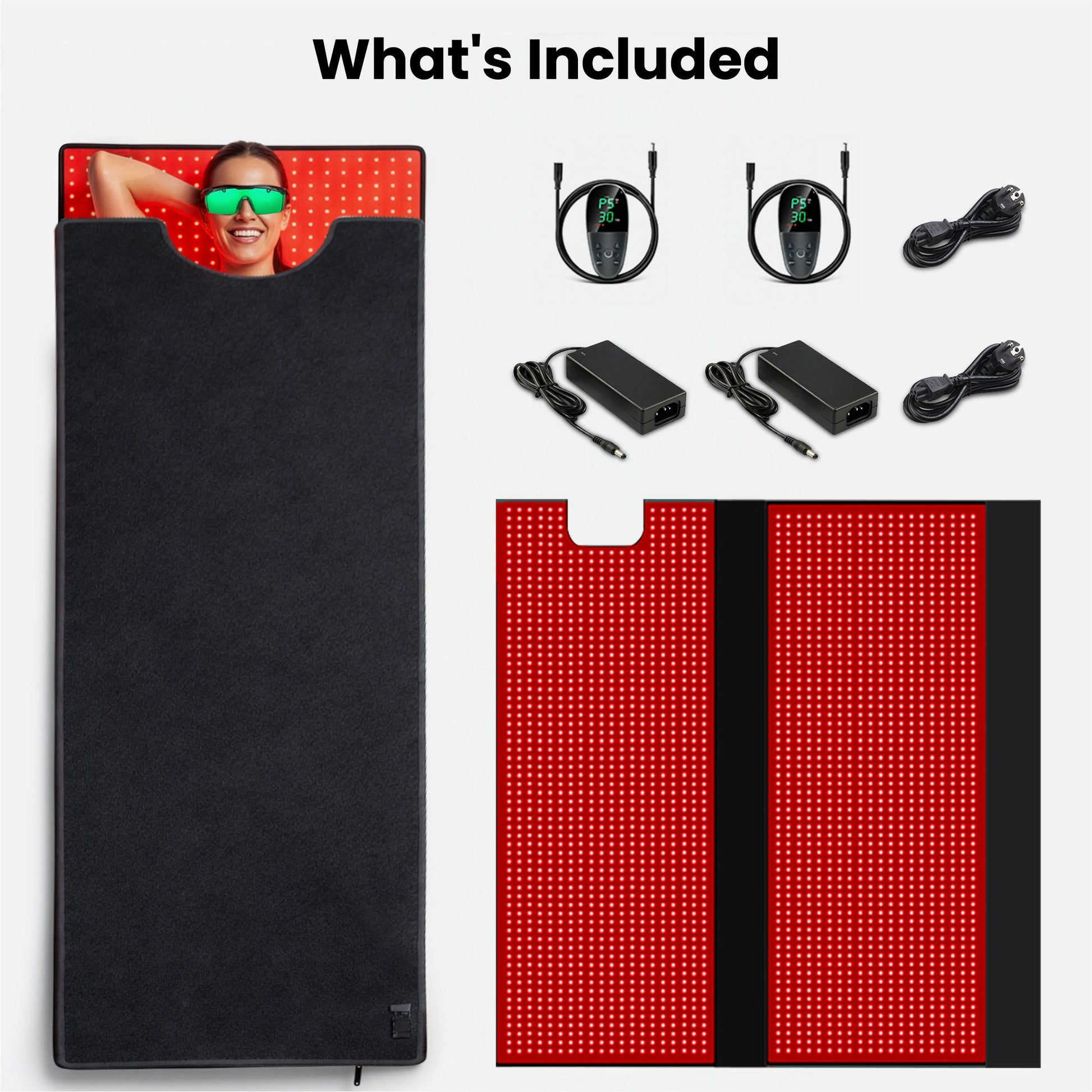 Product set including a black mat, red LED panel, and power adapters on a white background.