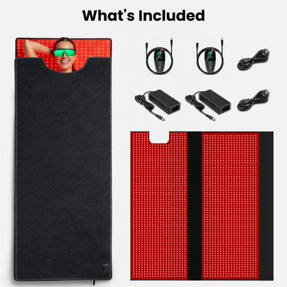 Product set including a black mat, red LED panel, and power adapters on a white background.