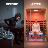 Infrared Sauna Built for Rapid Recovery, Canadian Hemlock, Red Light Therapy, Glass Door, Speakers — Before & After