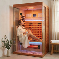 Infrared Sauna Built for Rapid Recovery, Canadian Hemlock, Red Light Therapy, Glass Door, Speakers — Lifestyle