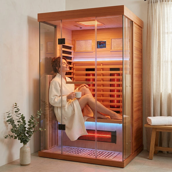Full Spectrum Infrared Sauna, 1–2 Person Canadian Hemlock Indoor Sauna with Red Light Therapy, Resonance Speakers & Panoramic Glass Door