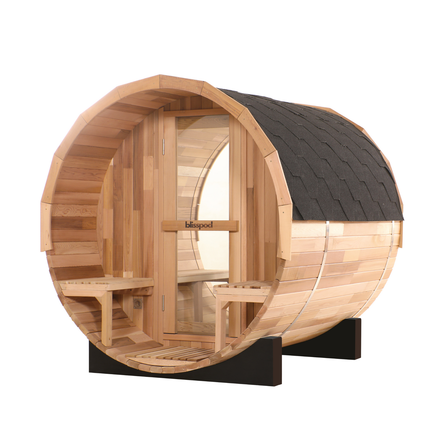 Canadian Red Cedar Outdoor Steam Barell Sauna, 2-4 / 4-6 persons with Full Glass Back & 2 front Porch seats