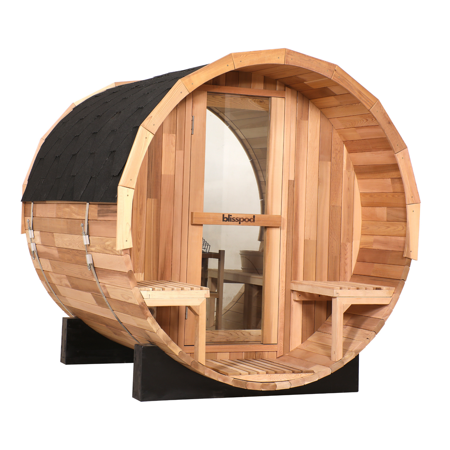 Canadian Red Cedar Outdoor Steam Barell Sauna, 2-4 / 4-6 persons with Full Glass Back & 2 front Porch seats