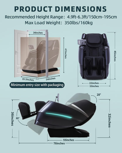 Massage Chair 4D Full Body Zero Gravity 55" Long Sl-Track,Black | 20 Auto Modes,40 Airbags,Back Heat,Body Scan,Calf & Foot Roller,Hd Touchscreen,App Control,Bluetooth Speaker for Home Office