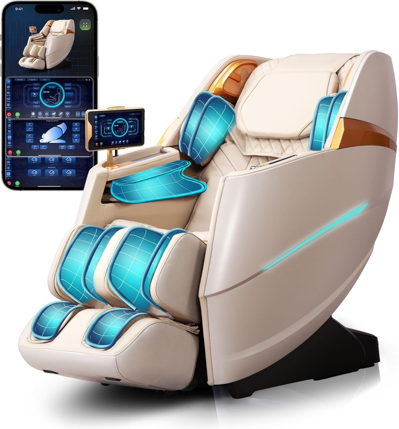 Massage Chair 4D Full Body Zero Gravity 55" Long Sl-Track,Beige | 20 Auto Modes,40 Airbags,Back Heat,Body Scan,Calf & Foot Roller,Hd Touchscreen,App Control,Bluetooth Speaker for Home Office