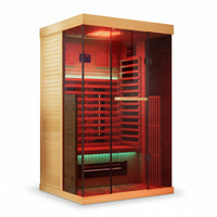 Full Spectrum Infrared Sauna, 1–2 Person Canadian Hemlock Indoor Sauna with Red Light Therapy, Resonance Speakers & Panoramic Glass Door