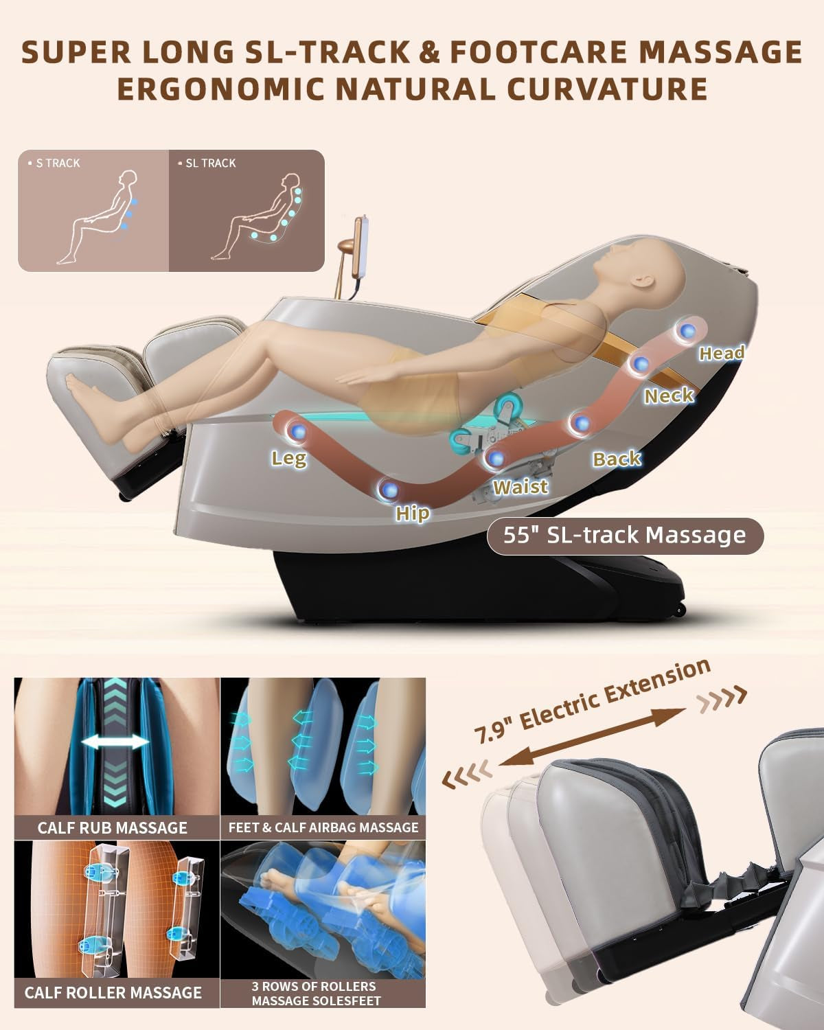 Massage Chair 4D Full Body Zero Gravity 55" Long Sl-Track,Beige | 20 Auto Modes,40 Airbags,Back Heat,Body Scan,Calf & Foot Roller,Hd Touchscreen,App Control,Bluetooth Speaker for Home Office