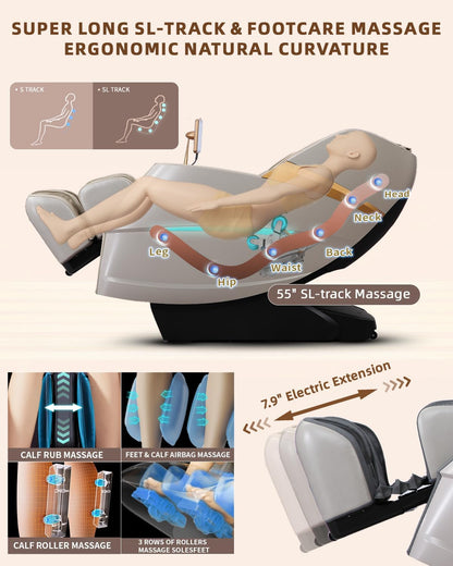 Massage Chair 4D Full Body Zero Gravity 55" Long Sl-Track,Beige | 20 Auto Modes,40 Airbags,Back Heat,Body Scan,Calf & Foot Roller,Hd Touchscreen,App Control,Bluetooth Speaker for Home Office