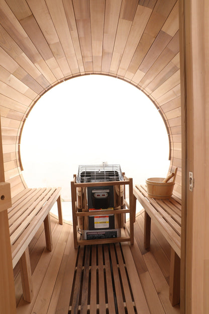 Canadian Red Cedar Outdoor Steam Barell Sauna, 2-4 / 4-6 persons with Full Glass Back & 2 front Porch seats