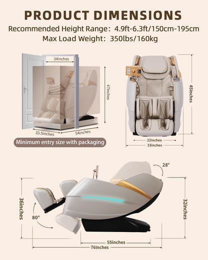 Massage Chair 4D Full Body Zero Gravity 55" Long Sl-Track,Beige | 20 Auto Modes,40 Airbags,Back Heat,Body Scan,Calf & Foot Roller,Hd Touchscreen,App Control,Bluetooth Speaker for Home Office