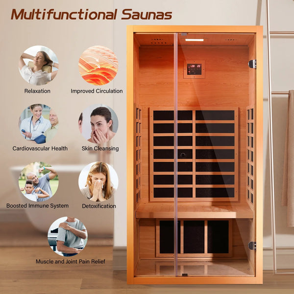 1 Person Extendable FAR Infrared Sauna for Home, Hemlock Wood Low EMF 6 Carbon Heaters