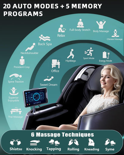 Massage Chair 4D Full Body Zero Gravity 55" Long Sl-Track,Black | 20 Auto Modes,40 Airbags,Back Heat,Body Scan,Calf & Foot Roller,Hd Touchscreen,App Control,Bluetooth Speaker for Home Office
